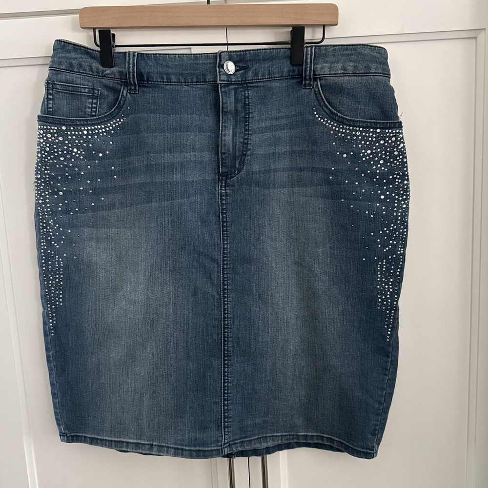 NWT Chico's Jean Midi Skirt Size 3 (16) Rhinestone Embellished Bling